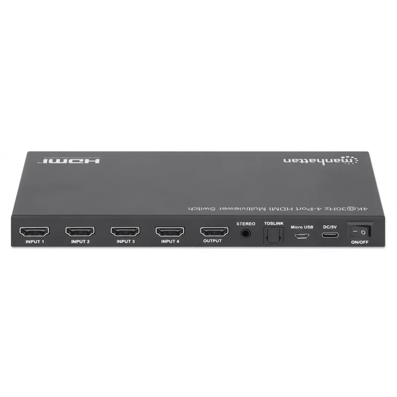 Manhattan 4K 4 prievadų HDMI multiviewer jungiklis, 4 įėjimai į vieną ekraną, 4k@30Hz, keli rodymo režimai, įskaitant paveikslėlyje paveikslėlį ir dvigubą/keturgubą ekraną, mygtukas arba nuotolinio valdymo pultas, 3,5 mm ir Toslink garsas, juodas, 3 metų 
