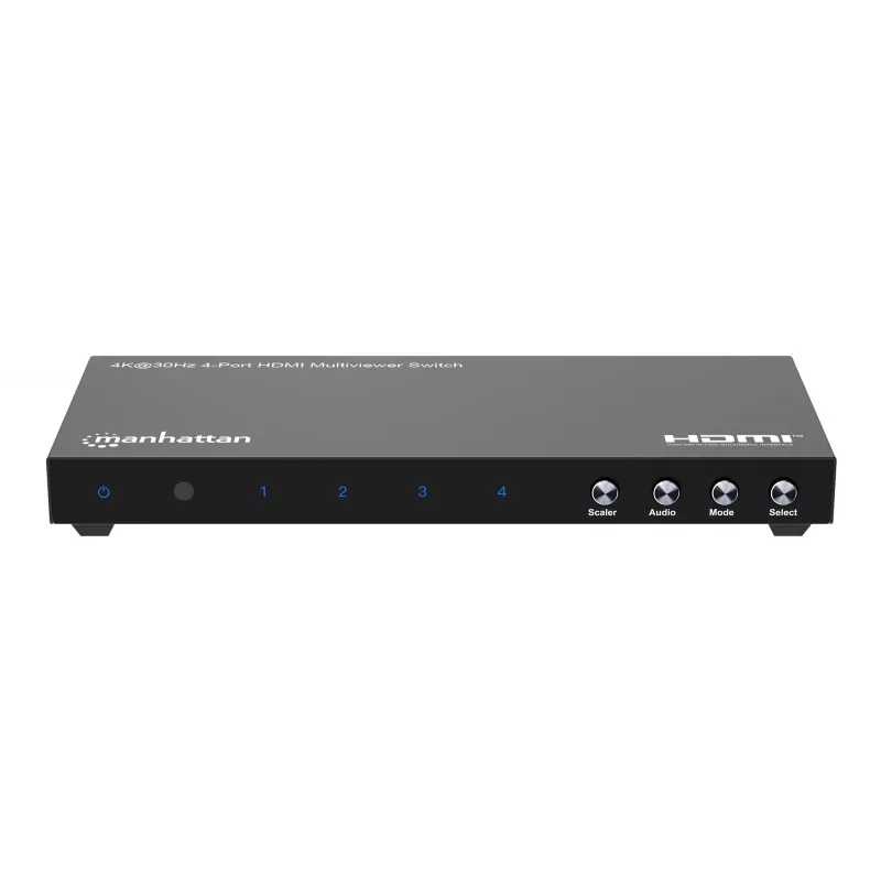Manhattan 4K 4 prievadų HDMI multiviewer jungiklis, 4 įėjimai į vieną ekraną, 4k@30Hz, keli rodymo režimai, įskaitant paveikslėlyje paveikslėlį ir dvigubą/keturgubą ekraną, mygtukas arba nuotolinio valdymo pultas, 3,5 mm ir Toslink garsas, juodas, 3 metų 