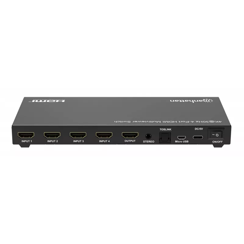 Manhattan 4K 4 prievadų HDMI multiviewer jungiklis, 4 įėjimai į vieną ekraną, 4k@30Hz, keli rodymo režimai, įskaitant paveikslėlyje paveikslėlį ir dvigubą/keturgubą ekraną, mygtukas arba nuotolinio valdymo pultas, 3,5 mm ir Toslink garsas, juodas, 3 metų 