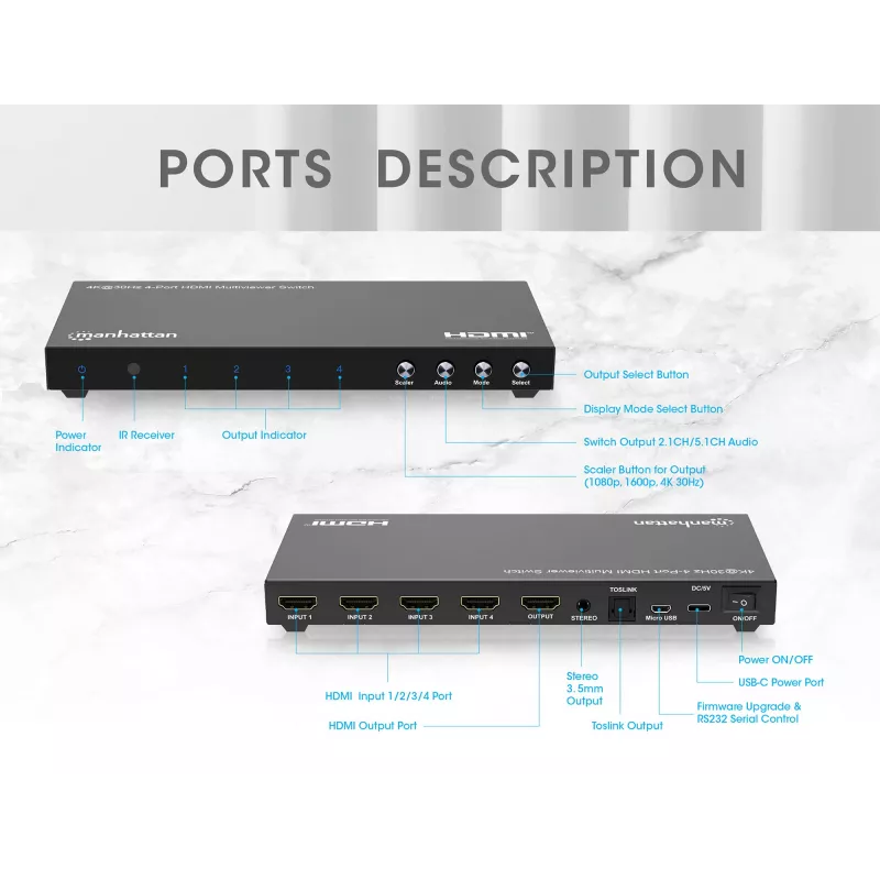 Manhattan 4K 4 prievadų HDMI multiviewer jungiklis, 4 įėjimai į vieną ekraną, 4k@30Hz, keli rodymo režimai, įskaitant paveikslėlyje paveikslėlį ir dvigubą/keturgubą ekraną, mygtukas arba nuotolinio valdymo pultas, 3,5 mm ir Toslink garsas, juodas, 3 metų 
