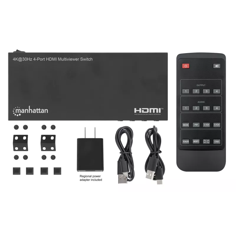 Manhattan 4K 4 prievadų HDMI multiviewer jungiklis, 4 įėjimai į vieną ekraną, 4k@30Hz, keli rodymo režimai, įskaitant paveikslėlyje paveikslėlį ir dvigubą/keturgubą ekraną, mygtukas arba nuotolinio valdymo pultas, 3,5 mm ir Toslink garsas, juodas, 3 metų 