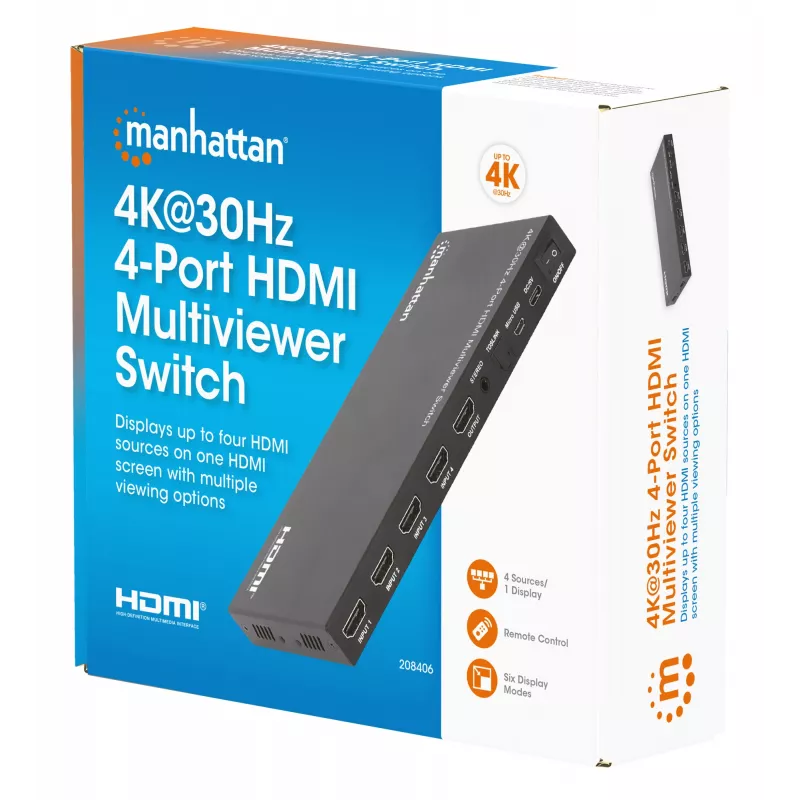 Manhattan 4K 4 prievadų HDMI multiviewer jungiklis, 4 įėjimai į vieną ekraną, 4k@30Hz, keli rodymo režimai, įskaitant paveikslėlyje paveikslėlį ir dvigubą/keturgubą ekraną, mygtukas arba nuotolinio valdymo pultas, 3,5 mm ir Toslink garsas, juodas, 3 metų 