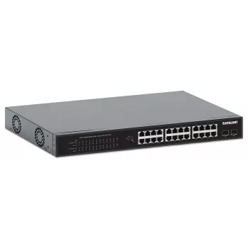 Intellinet 24-Port Gigabit Ethernet PoE+ Switch su 2 SFP prievadais IEEE 802.3at/af (PoE+/PoE), PoE galios biudžetas 370 W, du 1G SFP lizdai, 19 colių montavimas stelaže