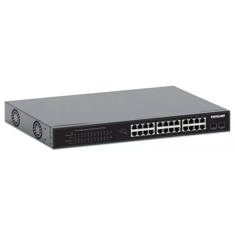 Intellinet 24-Port Gigabit Ethernet PoE+ Switch su 2 SFP prievadais IEEE 802.3at/af (PoE+/PoE), PoE galios biudžetas 370 W, du 1G SFP lizdai, 19 colių montavimas stelaže
