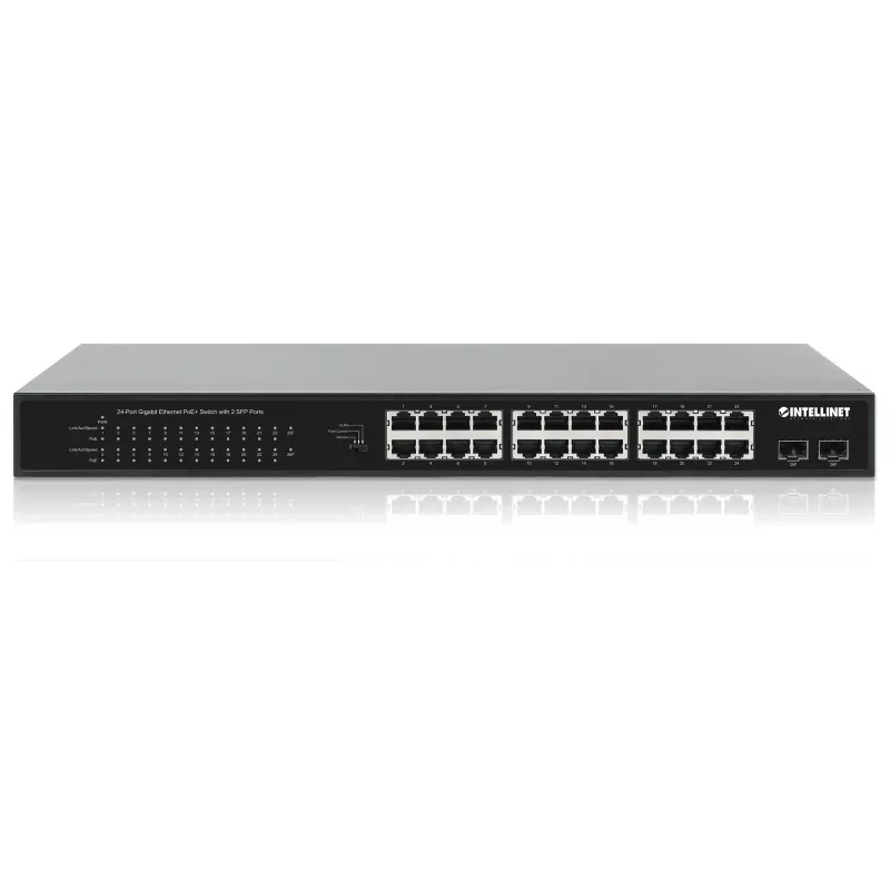 Intellinet 24-Port Gigabit Ethernet PoE+ Switch su 2 SFP prievadais IEEE 802.3at/af (PoE+/PoE), PoE galios biudžetas 370 W, du 1G SFP lizdai, 19 colių montavimas stelaže