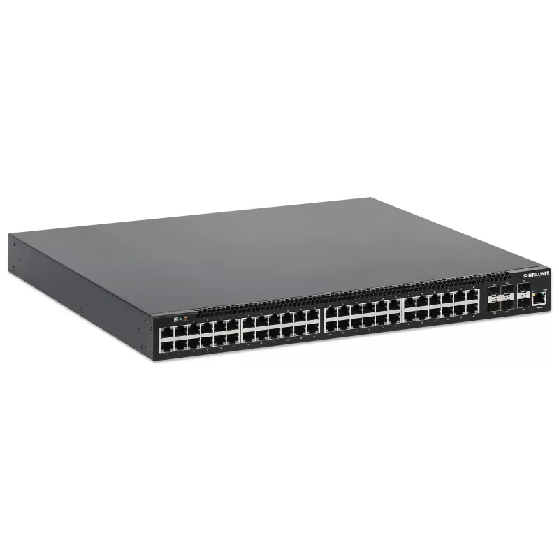 Intellinet 54 prievadų L3 valdomas PoE+ jungiklis su 48 Gigabit eterneto prievadais ir 6 SFP+ jungtimis