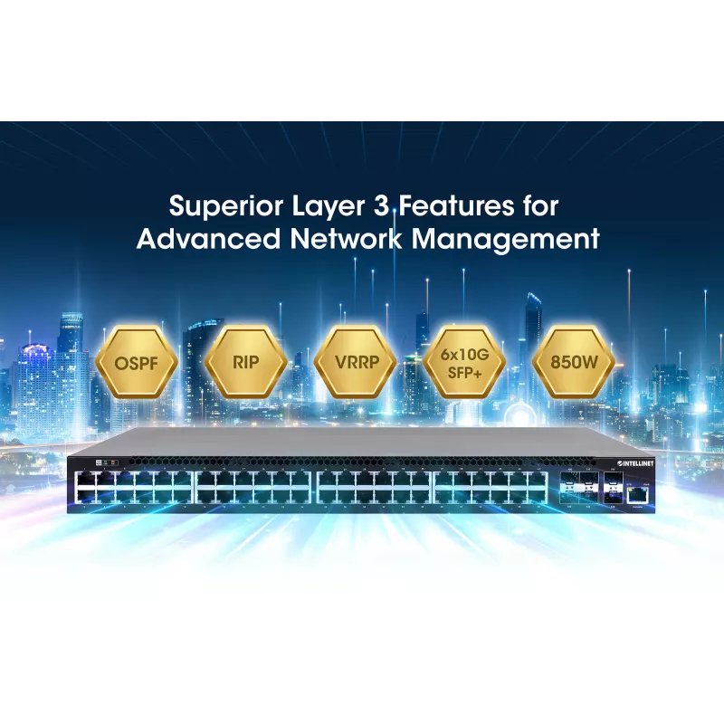 Intellinet 54 prievadų L3 valdomas PoE+ jungiklis su 48 Gigabit eterneto prievadais ir 6 SFP+ jungtimis