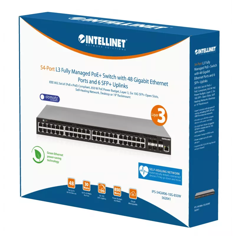 Intellinet 54 prievadų L3 valdomas PoE+ jungiklis su 48 Gigabit eterneto prievadais ir 6 SFP+ jungtimis