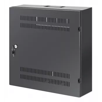 Intellinet Low-Profile 19 colių sieninis spintos stovas su 4U horizontaliomis ir 2U vertikaliomis bėgelėmis, siauras, erdvę taupantis korpusas, tik 170 mm gylio, idealiai tinka AV, multimedijos ir vaizdo stebėjimo programoms, surinktas, juodas RAL 7021