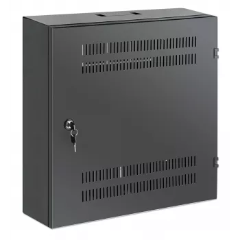 Intellinet Low-Profile 19 colių sieninis spintos stovas su 4U horizontaliomis ir 2U vertikaliomis bėgelėmis, siauras, erdvę taupantis korpusas, tik 170 mm gylio, idealiai tinka AV, multimedijos ir vaizdo stebėjimo programoms, surinktas, juodas RAL 7021