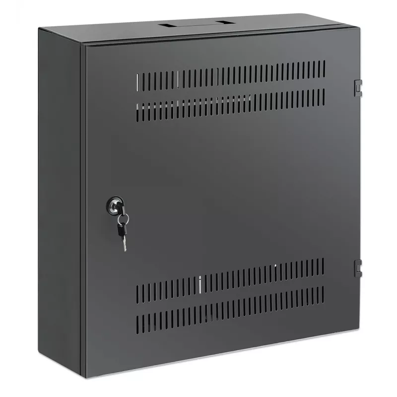 Intellinet Low-Profile 19 colių sieninis spintos stovas su 4U horizontaliomis ir 2U vertikaliomis bėgelėmis, siauras, erdvę taupantis korpusas, tik 170 mm gylio, idealiai tinka AV, multimedijos ir vaizdo stebėjimo programoms, surinktas, juodas RAL 7021