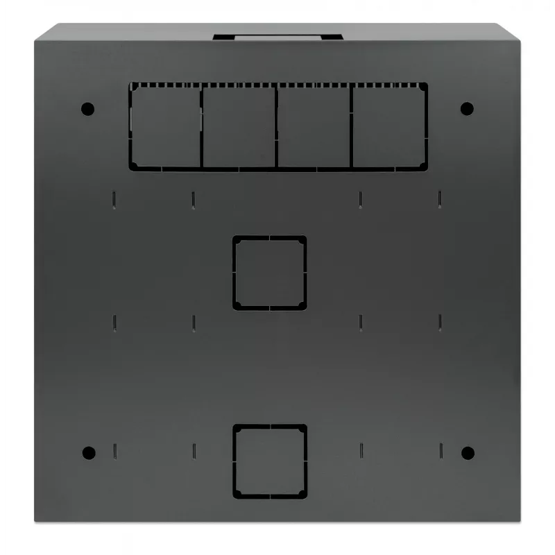 Intellinet Low-Profile 19 colių sieninis spintos stovas su 4U horizontaliomis ir 2U vertikaliomis bėgelėmis, siauras, erdvę taupantis korpusas, tik 170 mm gylio, idealiai tinka AV, multimedijos ir vaizdo stebėjimo programoms, surinktas, juodas RAL 7021