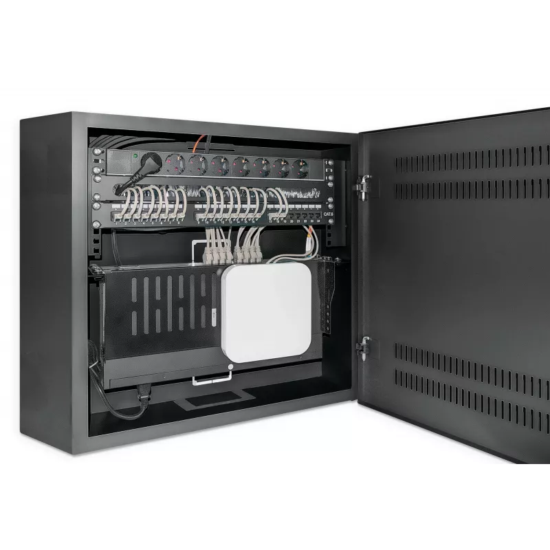 Intellinet Low-Profile 19 colių sieninis spintos stovas su 4U horizontaliomis ir 2U vertikaliomis bėgelėmis, siauras, erdvę taupantis korpusas, tik 170 mm gylio, idealiai tinka AV, multimedijos ir vaizdo stebėjimo programoms, surinktas, juodas RAL 7021
