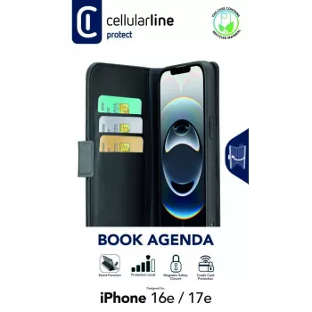 Cellularline Book Agenda dėklas iPhone 16e/17e, odos efektas, magnetinis užsegimas