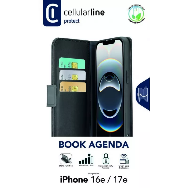 Cellularline Book Agenda dėklas iPhone 16e/17e, odos efektas, magnetinis užsegimas