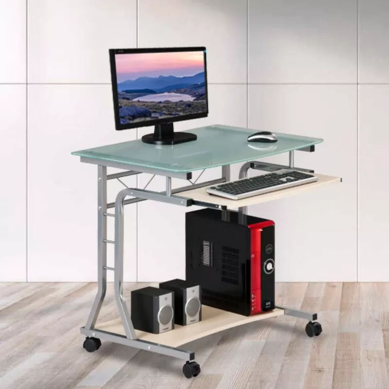Techly kompaktiškas stalas kompiuteriui su ratukais ICA-TB 3791A, MDF/stiklas, vyšninė spalva