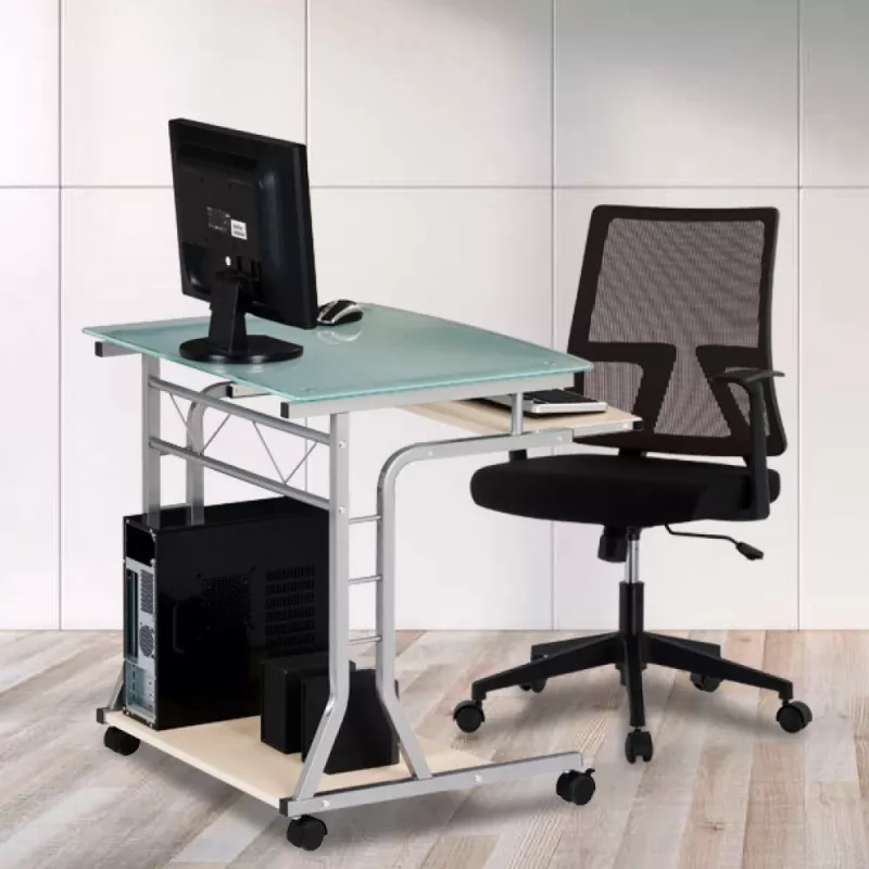 Techly kompaktiškas stalas kompiuteriui su ratukais ICA-TB 3791A, MDF/stiklas, vyšninė spalva