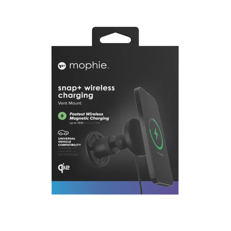 mophie Snap+ belaidžio įkrovimo ventiliacijos laikiklis automobiliui, juodas, greitas įkrovimas, cigarečių degtukas