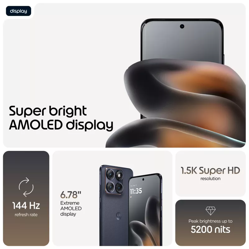 Išmanusis telefonas Motorola edge 70 fusion — 6,78 colio AMOLED, Snapdragon 7s Gen 3, 8 GB RAM, 256 GB, 5200 mAh, Dual SIM, Android 16 (Juoda)