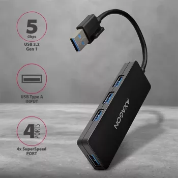 USB 3.2 Gen 1 4 prievadų šakotuvas Axagon SuperSpeed USB SLIM hub, juodas, plastikinis, 0,14 m