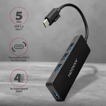Axagon SuperSpeed USB-C SLIM centrinis įrenginys, USB 3.2 Gen 1 (3.1 Gen 1) Type-C, USB 3.2 Gen 1 (3.1 Gen 1) Type-A, 5000 Mbit/s, juodas, plastikinis, 0,14 m