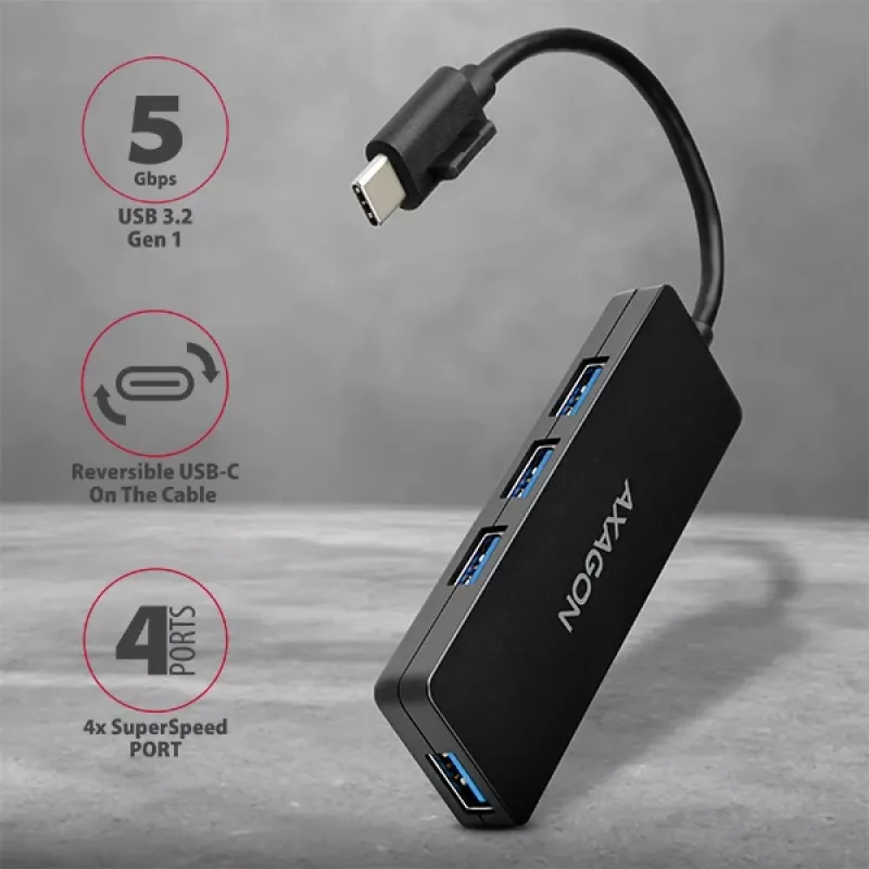 Axagon SuperSpeed USB-C SLIM centrinis įrenginys, USB 3.2 Gen 1 (3.1 Gen 1) Type-C, USB 3.2 Gen 1 (3.1 Gen 1) Type-A, 5000 Mbit/s, juodas, plastikinis, 0,14 m