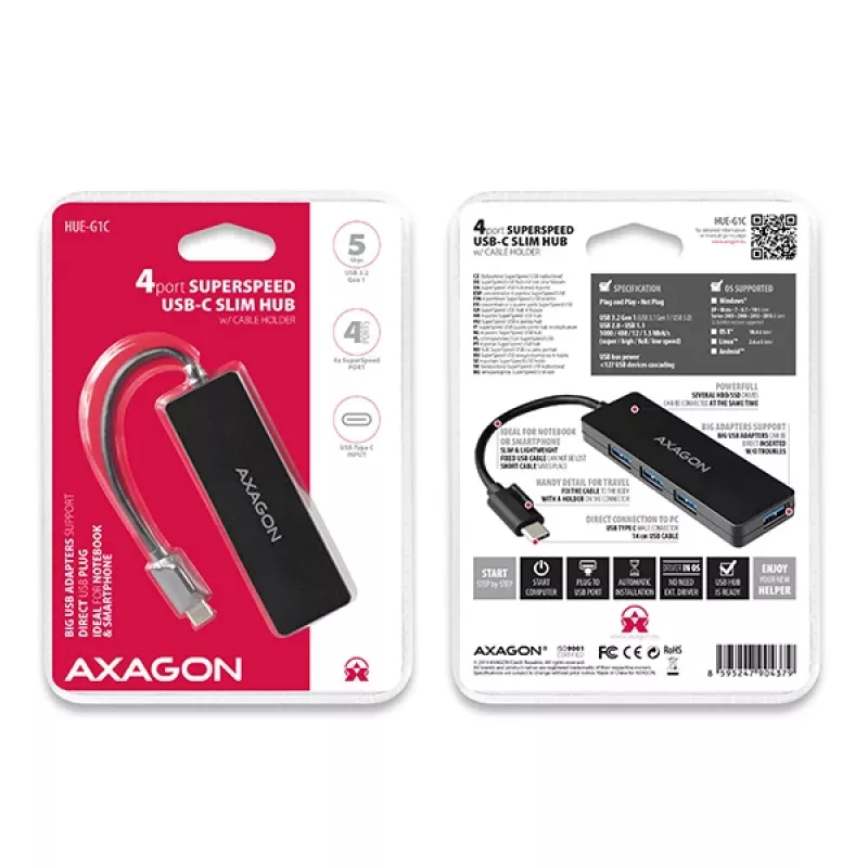 Axagon SuperSpeed USB-C SLIM centrinis įrenginys, USB 3.2 Gen 1 (3.1 Gen 1) Type-C, USB 3.2 Gen 1 (3.1 Gen 1) Type-A, 5000 Mbit/s, juodas, plastikinis, 0,14 m