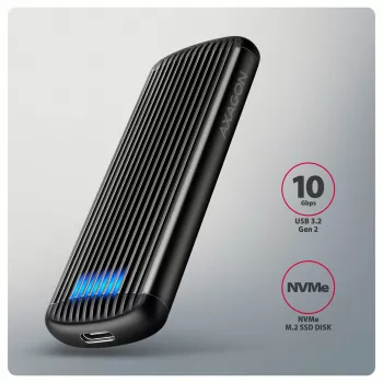 AXAGON EEM2-SC išorinis USB-C 10Gbps besraigtis metalinis M.2 NVMe SSD dėklas, vieno lizdo, pilkas