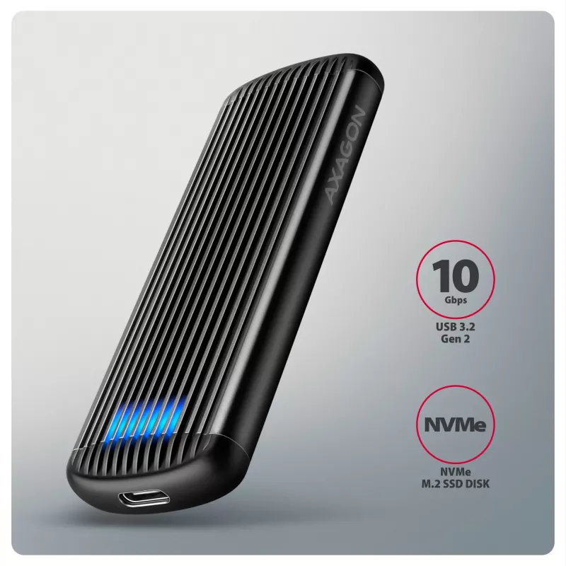 AXAGON EEM2-SC išorinis USB-C 10Gbps besraigtis metalinis M.2 NVMe SSD dėklas, vieno lizdo, pilkas
