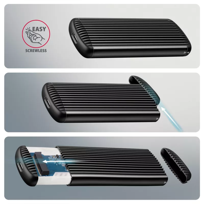 AXAGON EEM2-SC išorinis USB-C 10Gbps besraigtis metalinis M.2 NVMe SSD dėklas, vieno lizdo, pilkas