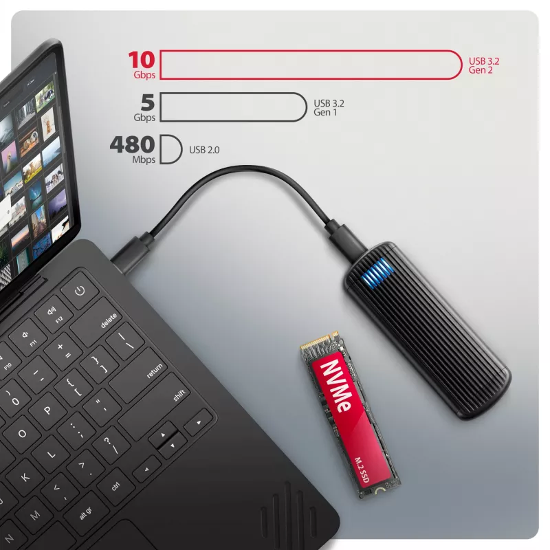 AXAGON EEM2-SC išorinis USB-C 10Gbps besraigtis metalinis M.2 NVMe SSD dėklas, vieno lizdo, pilkas
