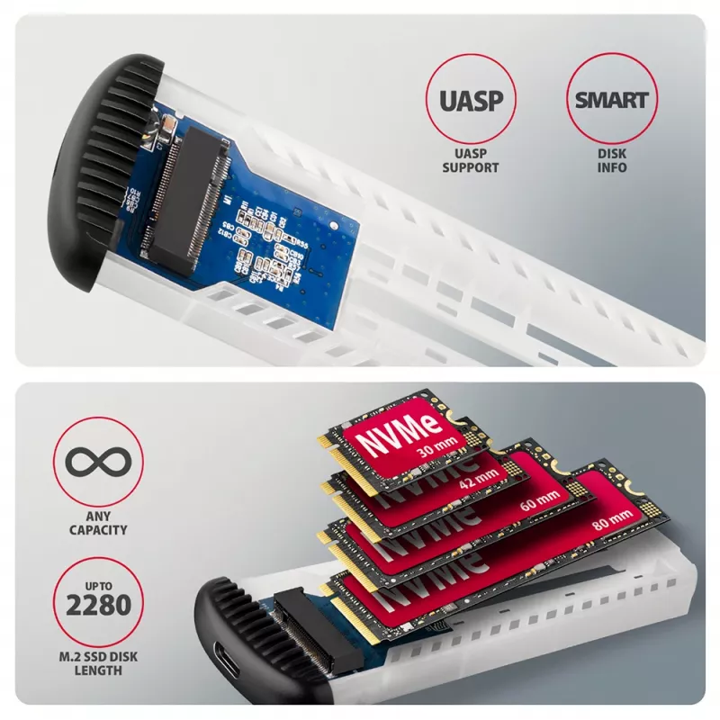 AXAGON EEM2-SC išorinis USB-C 10Gbps besraigtis metalinis M.2 NVMe SSD dėklas, vieno lizdo, pilkas