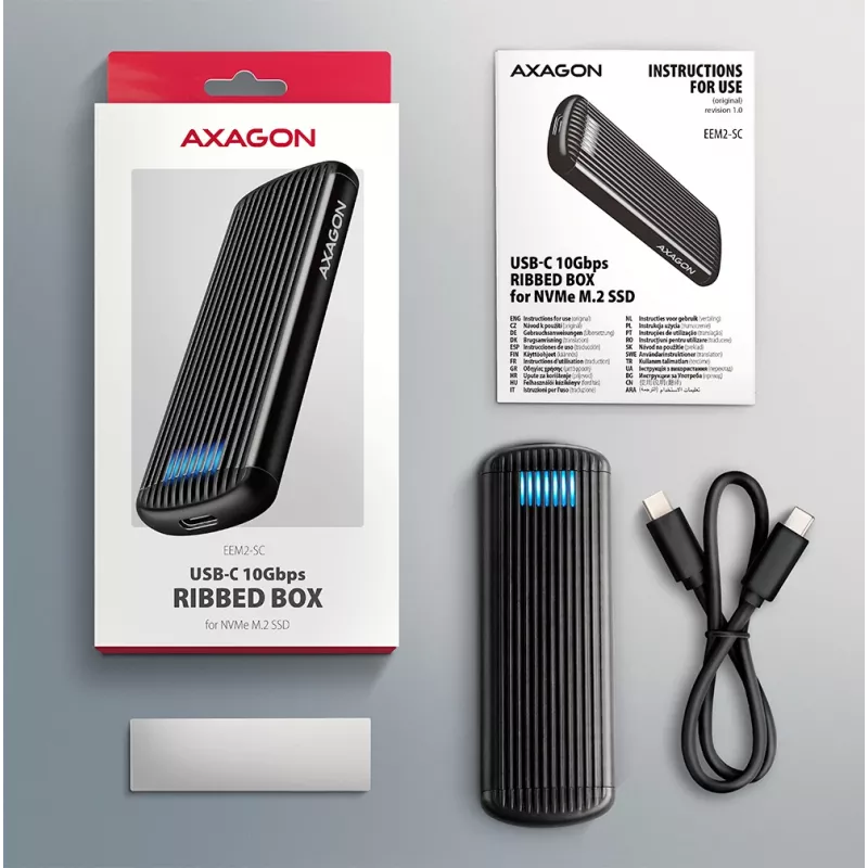 AXAGON EEM2-SC išorinis USB-C 10Gbps besraigtis metalinis M.2 NVMe SSD dėklas, vieno lizdo, pilkas