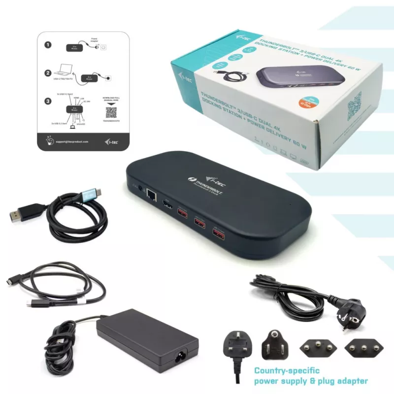 i-tec Thunderbolt 3 / USB-C Dual 4K Dock su USB-C į DisplayPort laidu (1,5 m) ir 60W galios tiekimu