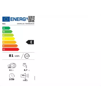 Indaplovė BEKO DIS46120 pilnai įmontuojama siaura 45 cm, 11 komplektų, balta, 46 dB, E energijos klasė