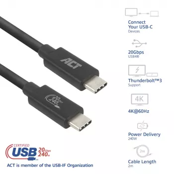 ACT USB4 20Gbps 240W USB Type-C laidas 2m Juodas USB-IF sertifikuotas