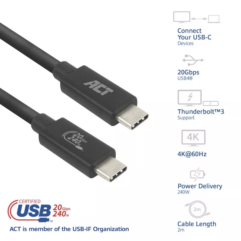 ACT USB4 20Gbps 240W USB Type-C laidas 2m Juodas USB-IF sertifikuotas
