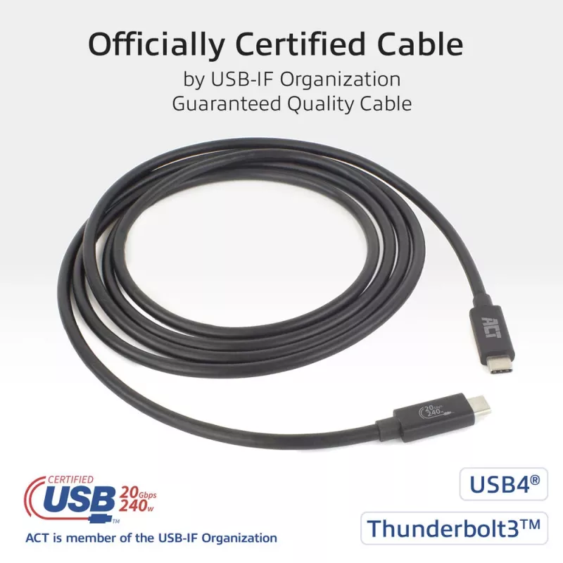 ACT USB4 20Gbps 240W USB Type-C laidas 2m Juodas USB-IF sertifikuotas