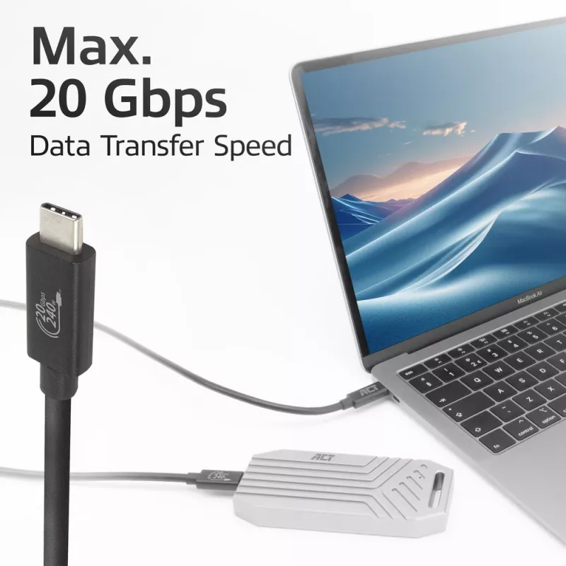 ACT USB4 20Gbps 240W USB Type-C laidas 2m Juodas USB-IF sertifikuotas