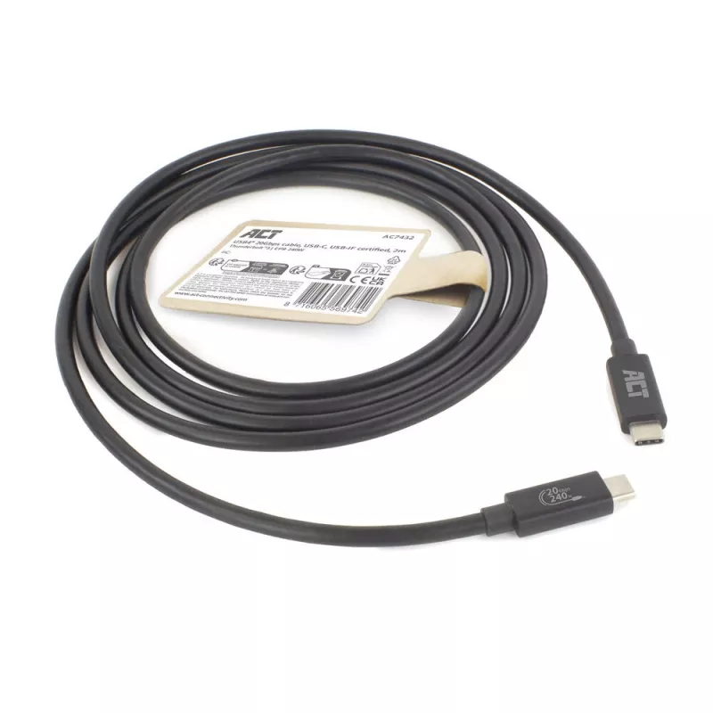 ACT USB4 20Gbps 240W USB Type-C laidas 2m Juodas USB-IF sertifikuotas