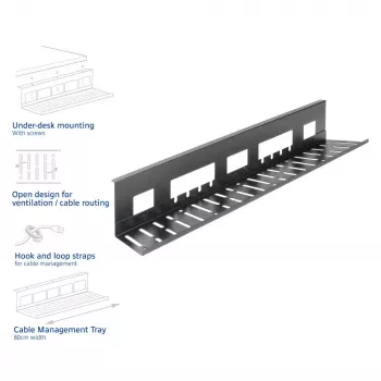 Kabelių tvarkymo dėklas po stalu ACT 80 cm — plieninis tiesus horizontalus dėklas 800×140×100 mm