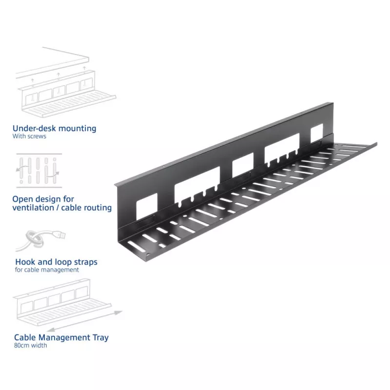 Kabelių tvarkymo dėklas po stalu ACT 80 cm — plieninis tiesus horizontalus dėklas 800×140×100 mm