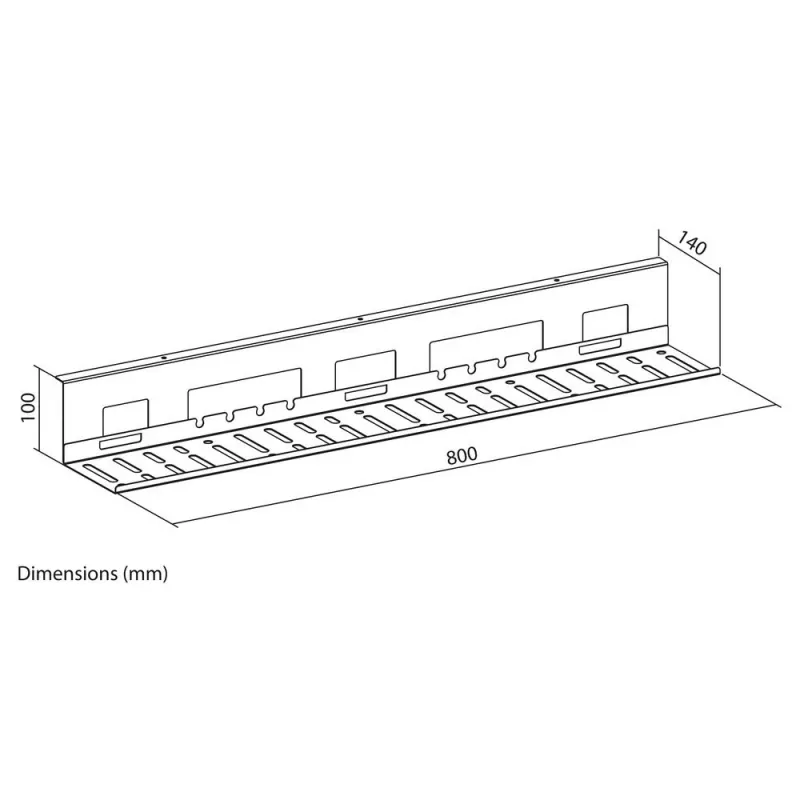 Kabelių tvarkymo dėklas po stalu ACT 80 cm — plieninis tiesus horizontalus dėklas 800×140×100 mm
