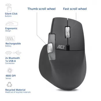 Belaidė lazerinė pelė ACT AC5147 – dešinei rankai, RF + Bluetooth, 4800 DPI, 6 mygtukai, pilka