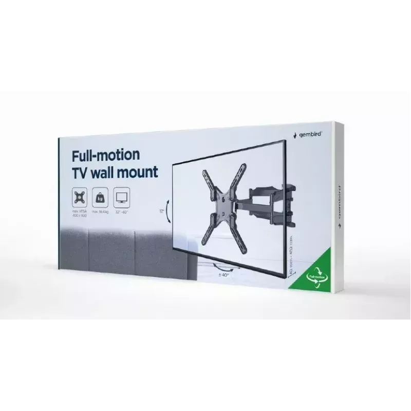TV laikiklis Gembird WM-60ST-01 32–60 colių, VESA 100x100–400x400, iki 36,4 kg, pakreipimas -2°–10°, atstumas nuo sienos 4,2–45,2 cm, juodas