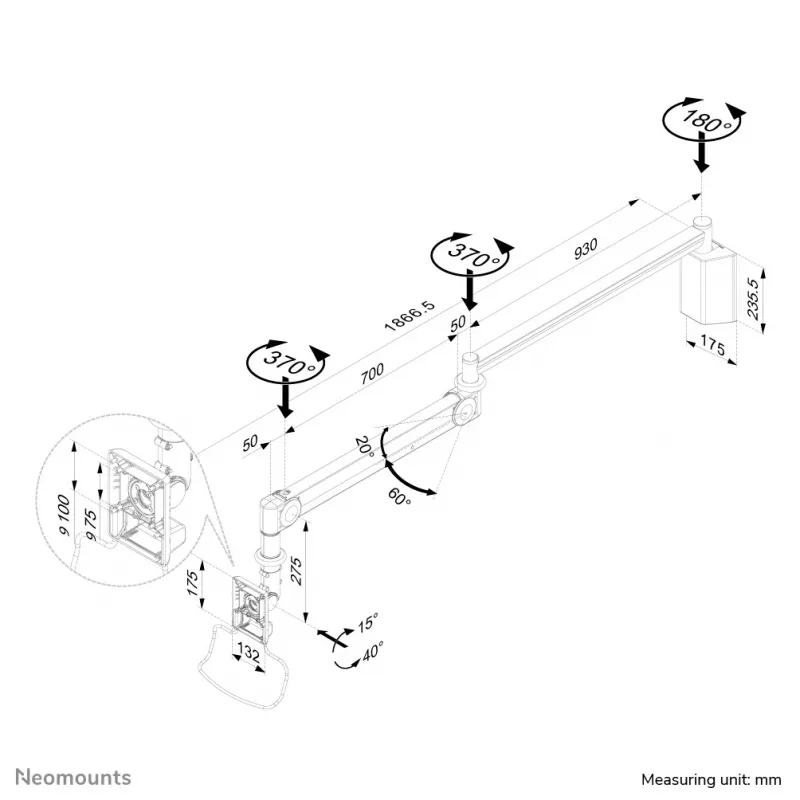 Neomounts FPMA-HAW100HC medicininė monitoriaus rankena sieninė 10-32 colių - aukštis 0-170 cm - dujinė spyruoklė
