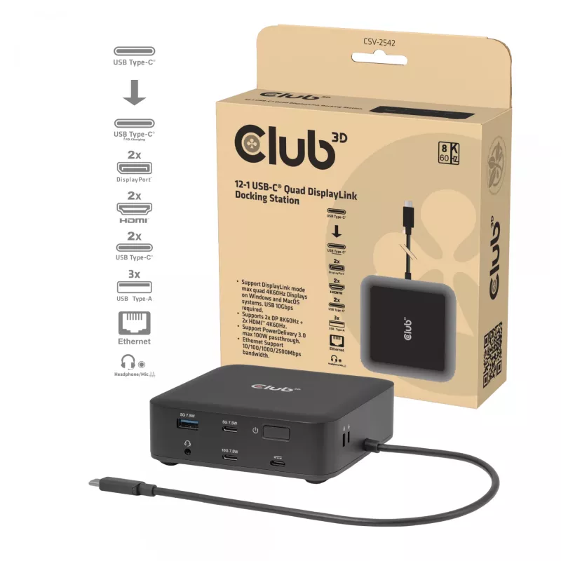 USB-C Quad DisplayLink Docking Station CLUB 3D CSV-2542 — 2× DisplayPort 8K60Hz, 2× HDMI 4K60Hz, PD 100W, 2.5G Ethernet