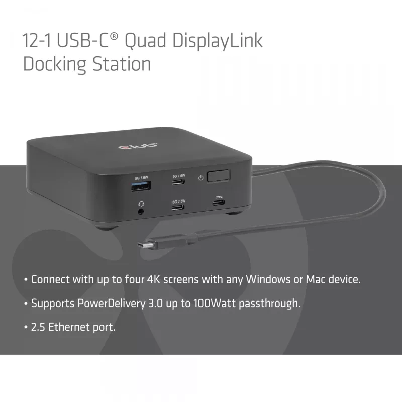 USB-C Quad DisplayLink Docking Station CLUB 3D CSV-2542 — 2× DisplayPort 8K60Hz, 2× HDMI 4K60Hz, PD 100W, 2.5G Ethernet