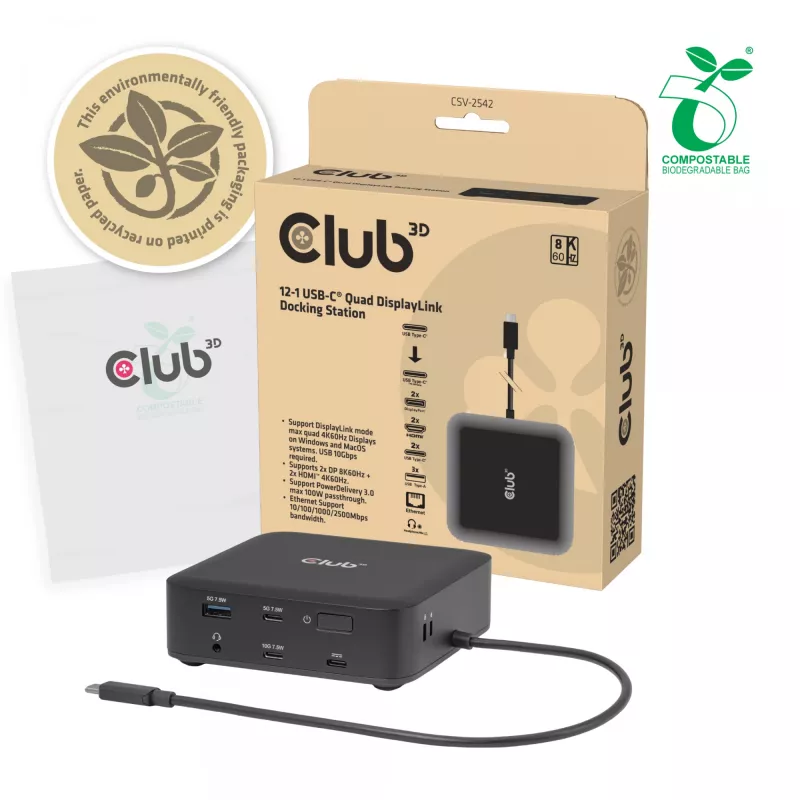 USB-C Quad DisplayLink Docking Station CLUB 3D CSV-2542 — 2× DisplayPort 8K60Hz, 2× HDMI 4K60Hz, PD 100W, 2.5G Ethernet