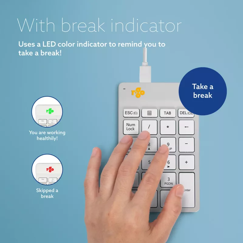 R-Go Tools Numpad Break – ergonominis skaitmeninis blokas su pertraukų programine įranga, laidinis, baltas